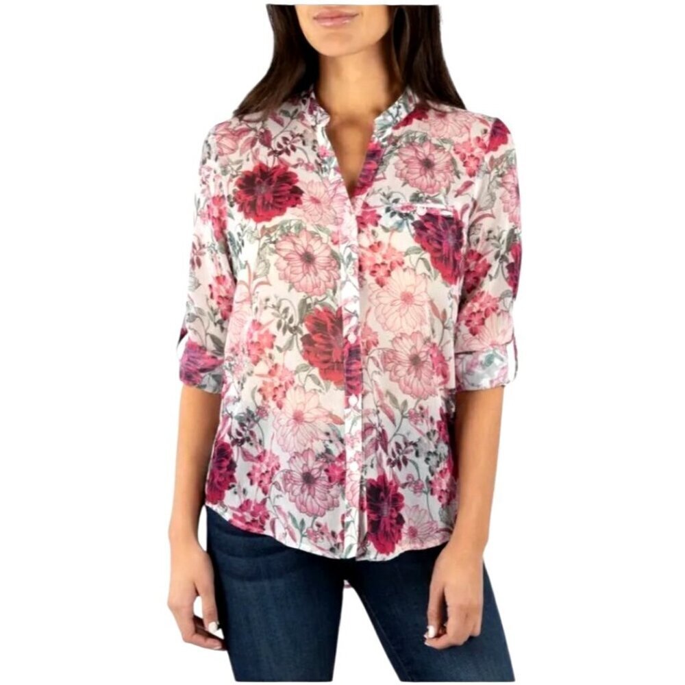 Kut From The Kloth Shirt Women XS Pink Floral Sheer Jasmine Chiffon Button Down